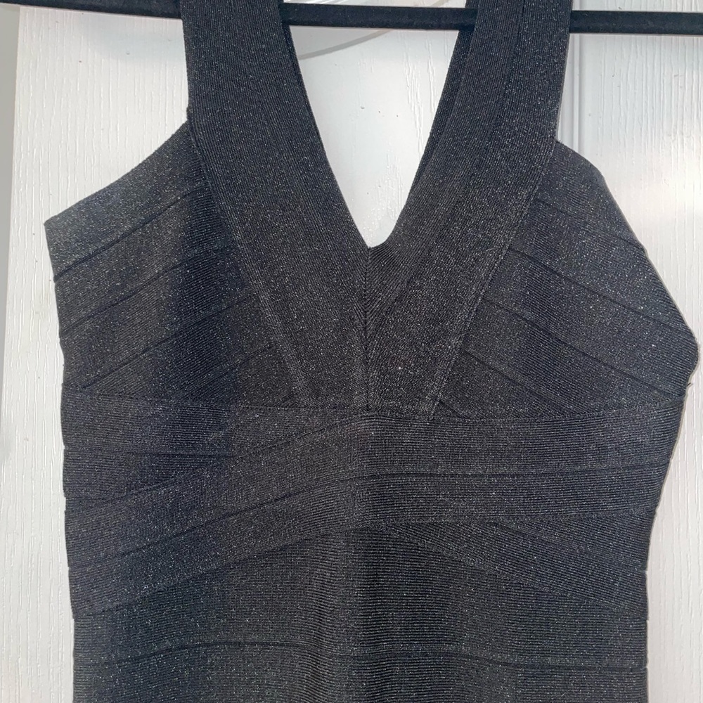 bebe black body con dress with sparkle and line details